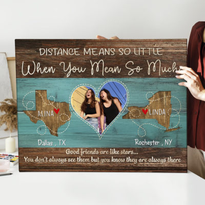 Personalized Long Distance Friendship Canvas, Custom Two State Map Gift, Christmas Gift for Faraway Friend, Friends Across Miles Gift