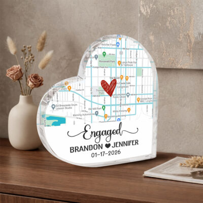 Engaged Custom Location Map Heart Acrylic Plaque, Romantic Valentines Gifts For Fiancee, Personalised Engagement Map Keepsake