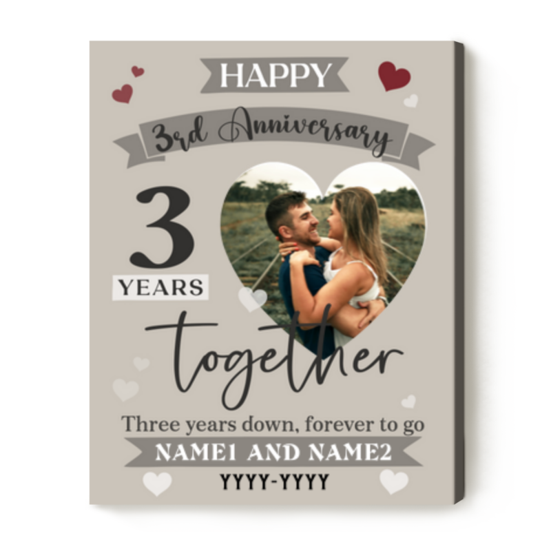 3 Years Together Custom Couple Photo Canvas Print, Personalized 3 Year Wedding Anniversary Gift, 3rd Anniversary Gifts For Girlfriend Wife