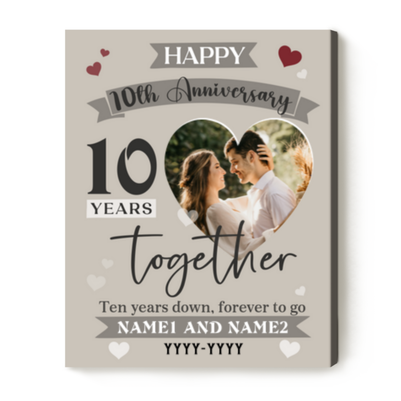 10 Years Together Custom Couple Photo Canvas Print, Personalized 10 Year Wedding Anniversary Gift, 10th Anniversary Gifts For Girlfriend Wife