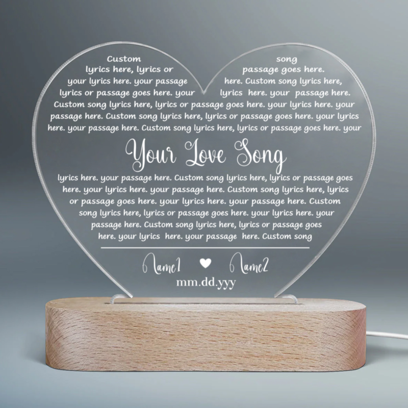 custom song lyric on heart acrylic led song lyrics wedding anniversary valentines gift first dance lyrics gift