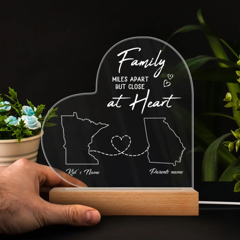custom two state map family long distance heart shape - acrylic led going away gift for parents family miles apart but close at heart