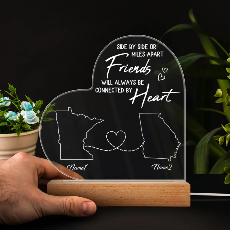 custom two state map long distance friendship heart acrylic led long distance best friend gifts side by side or miles apart friends night light
