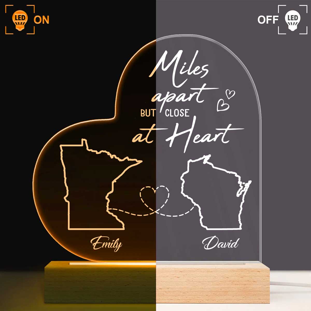 Custom Two State Map Long Distance Relationship Heart Acrylic Led