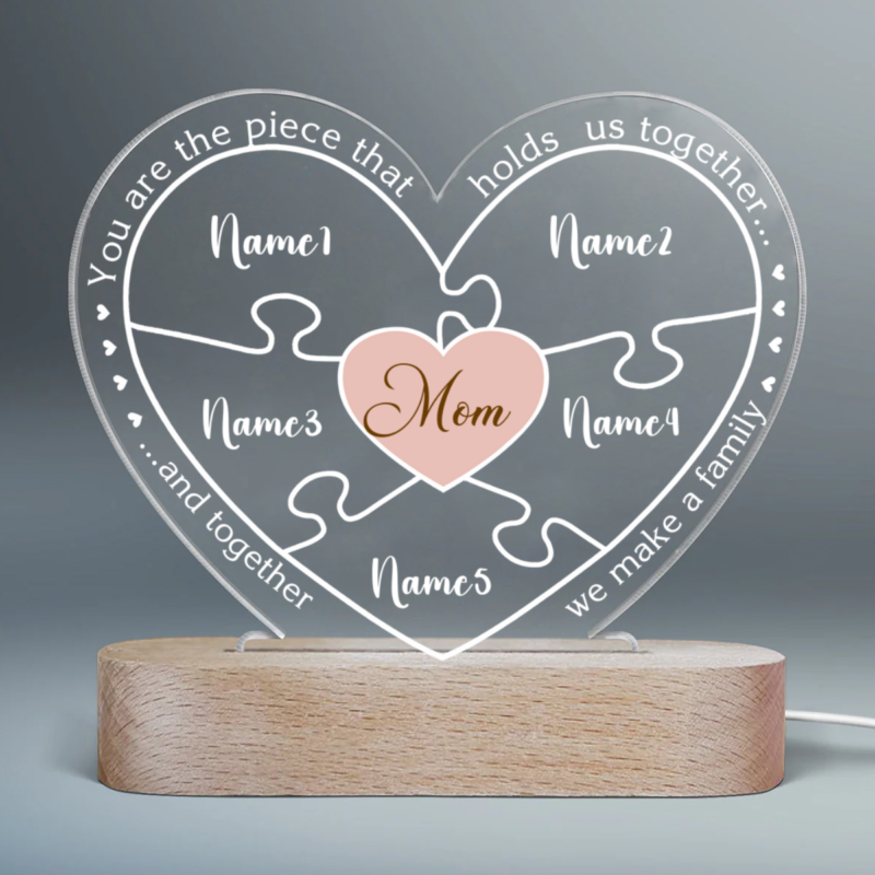 You Are The Piece That Holds Us Together Custom Heart Acrylic Night Light, Personalized Mothers Day Puzzle Piece Led Light, Gifts for Mom from Kids