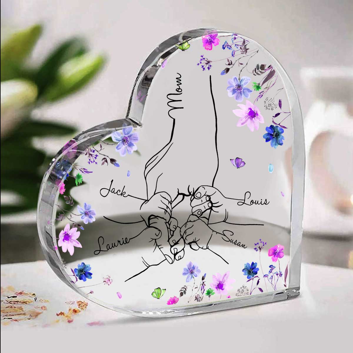 Custom Name Mom And Kid Hands Heart Acrylic Plaque, Christmas