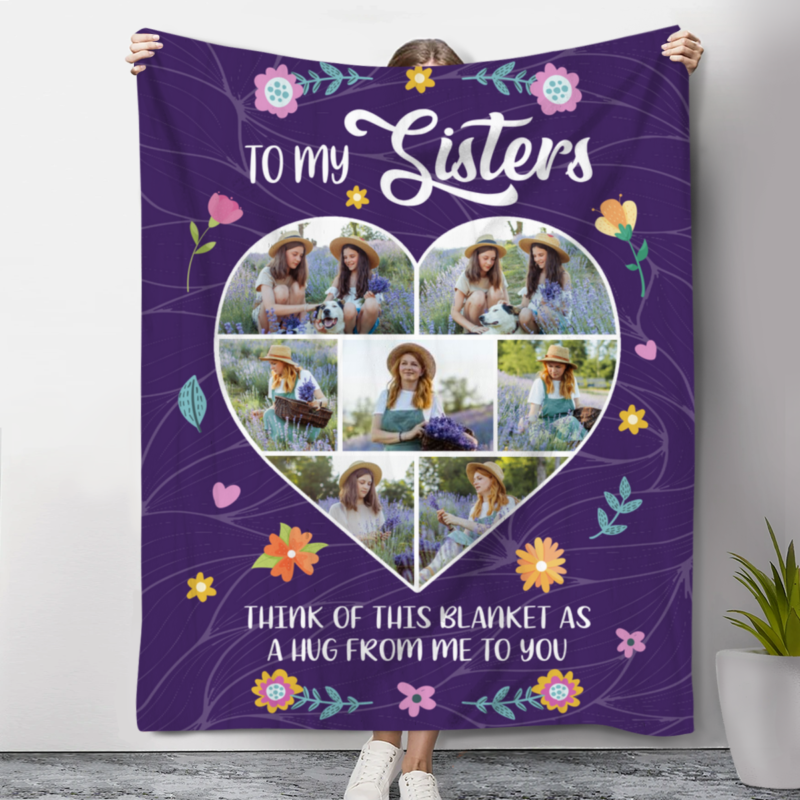 Sister A Hug From Me To You Custom Photo Blanket, Sister Christmas Gifts, Personalized Blanket Gift for Sister, To My Sister Blanket