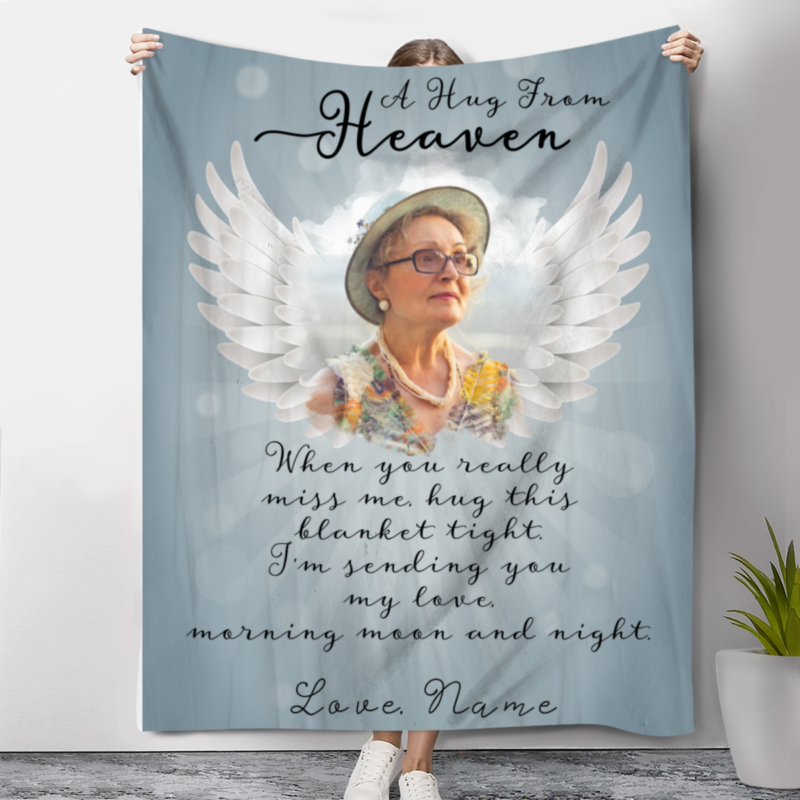 A Hug From Heaven Custom Photo Blanket, Personalized Memorial Gifts, Sympathy Gift for Loss Dad, Loss Mom Bereavement Gift