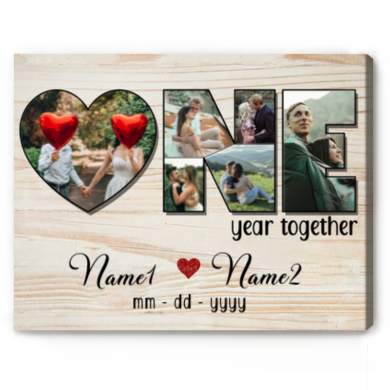 One Year Together Personalized Photo Collage Canvas, 1st Anniversary Gift For Girlfriend, Paper Anniversary Gifts For Wife