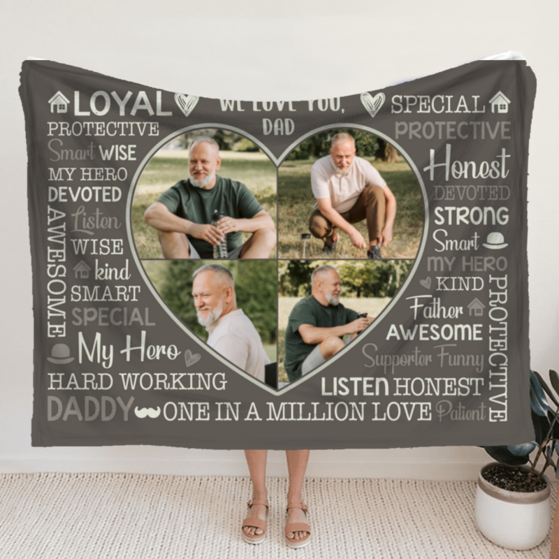 Custom Heart Shaped Photo Blanket For Dad, Personalized Father's Day Gift, Dad Word Art Fleece Blanket, Father Photo Gifts