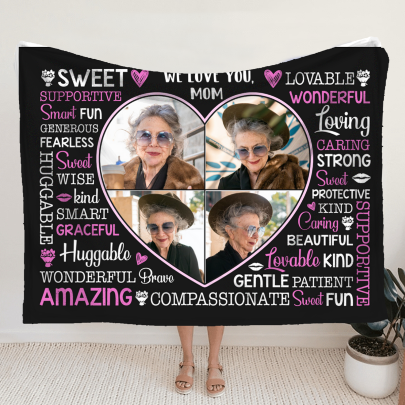 Custom Heart Shaped Photo Blanket For Mom, Personalized Mother's Day Gifts, Mom Word Art Fleece Blanket, Mother Photo Gifts