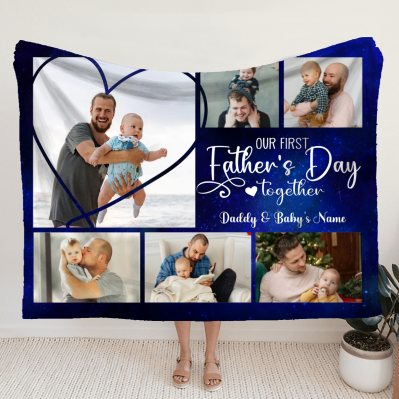 benicee shop our first father's day together custom picture collage blanket, personalized first fathers day gift, first time dad gifts from wife and baby
