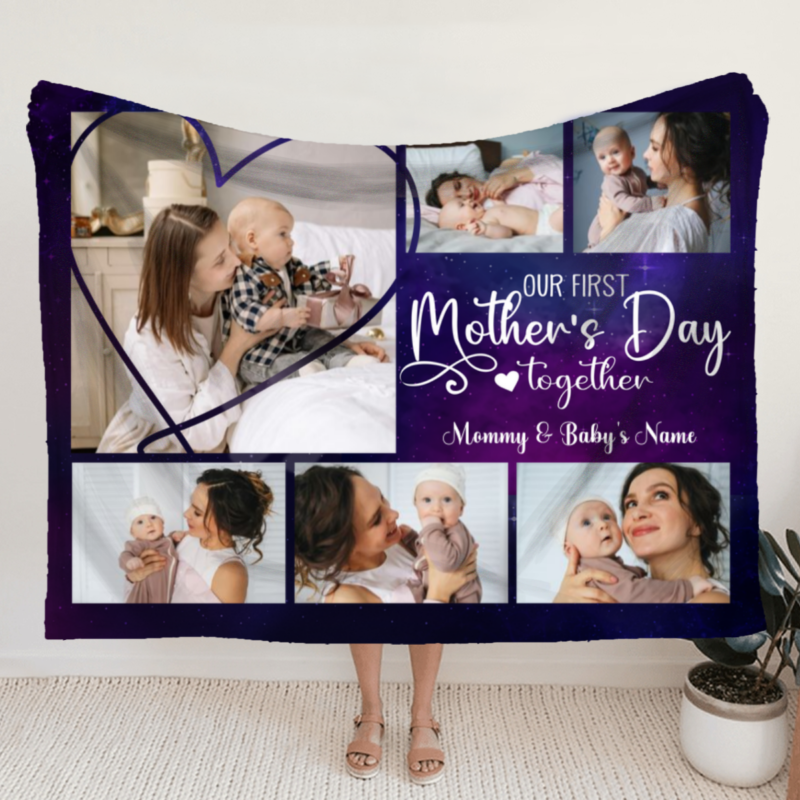 benicee shop our first mother's day together custom picture collage blanket, personalized mom's first mother's day gifts, first time mom gifts from dad and baby