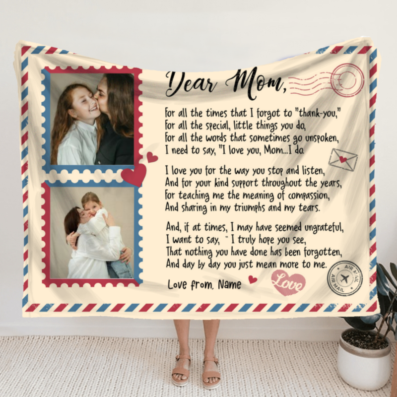 benicee shop dear mom custom letter blanket with picture, personalized mother's day blanket, sentimental gifts for mom from daughter, mom blanket