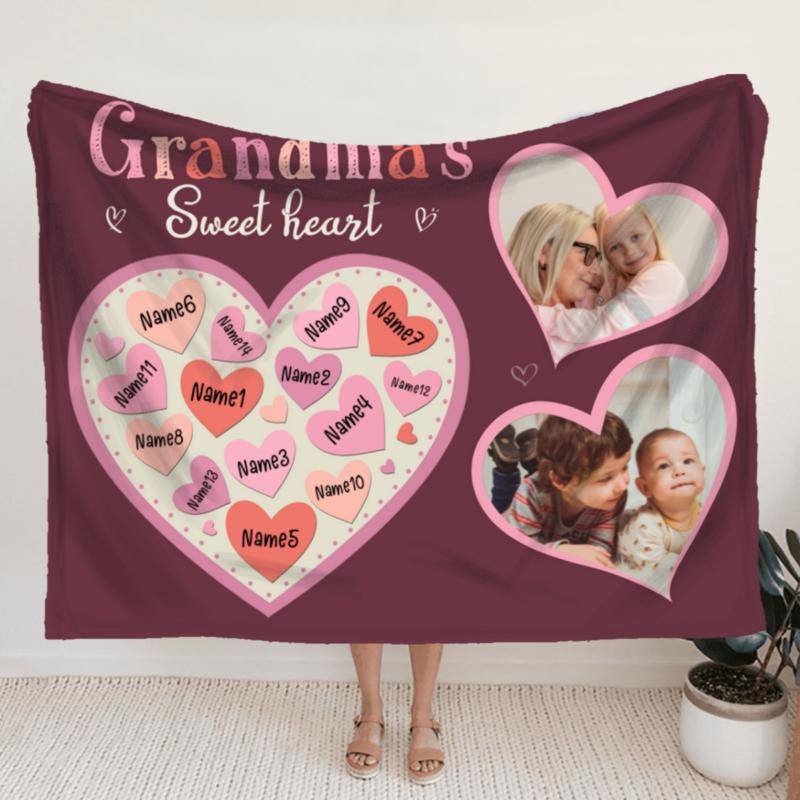 benicee shop custom grandma blanket with grandkids names, personalized mothers day gifts for grandma, picture blankets for grandma, grandma's sweet heart