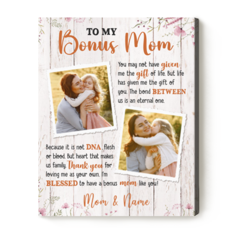 benicee shop to my bonus mom custom photo canvas, bonus mom gift for mothers day, bonus mom gift personalized, step mother gift from daughter