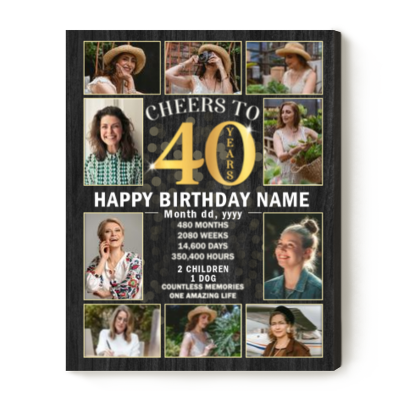 40th Birthday Gifts for Women, 40th Birthday Present for Men, Cheer To 40 Years Birthday Photo Collage Canvas, Gifts For Turning 40