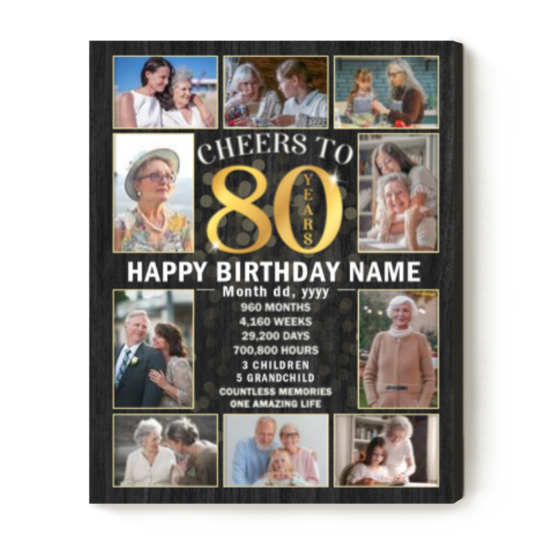 80th Birthday Gifts for Women, 80th Birthday Present for Mom, Cheer To 80 Years Birthday Photo Collage Canvas