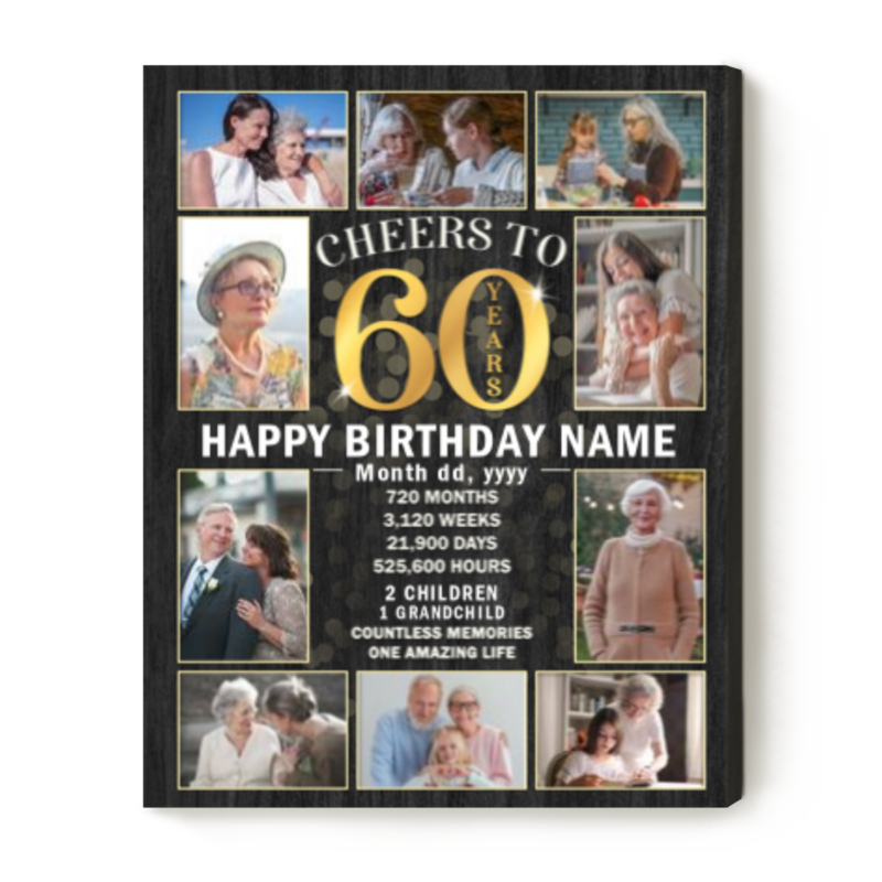 60th Birthday Gifts for Women, 60th Birthday Present for Mom, Cheer To 60 Years Birthday Photo Collage Canvas