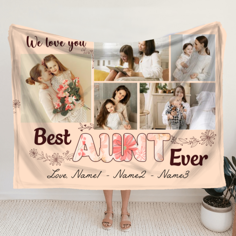 benicee shop floral best aunt ever custom photo collage blanket, gift for aunt for mothers day, personalized gifts for aunt from niece nephew, aunt blanket