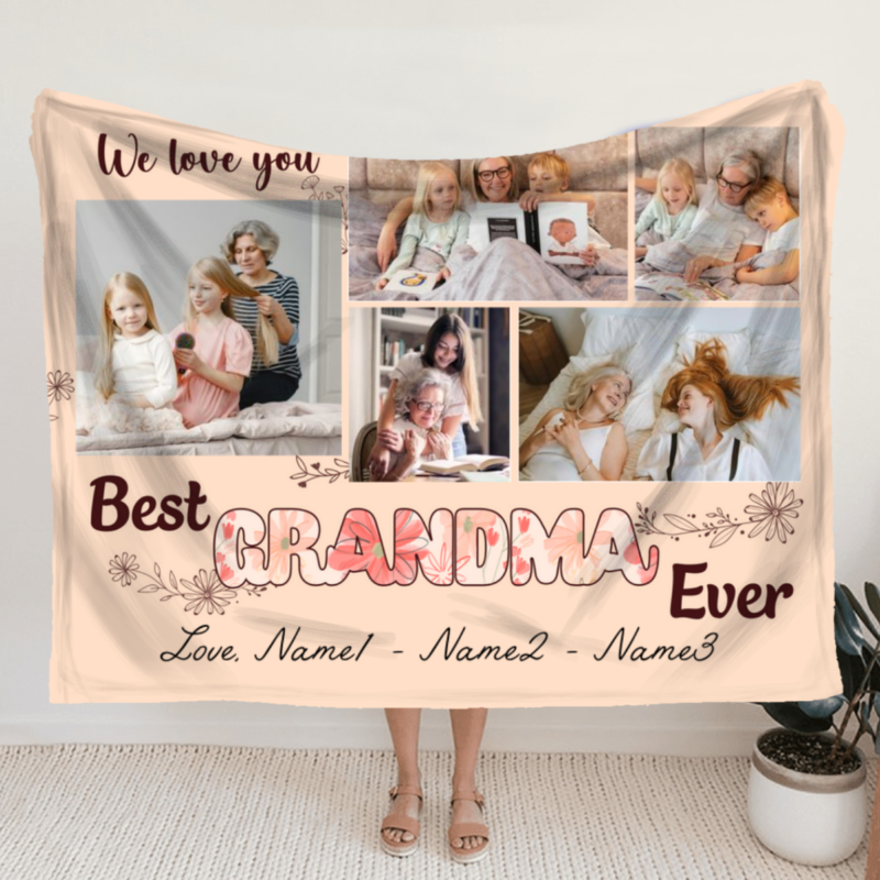 benicee shop personalized grandma floral blanket with pictures, custom mother's day gifts for grandma, best grandma ever floral blanket, gradma gifts