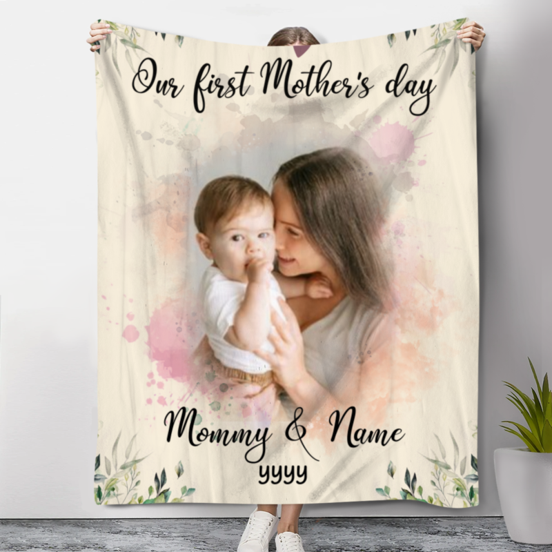 benicee shop our first mother's day custom blanket with picture, first time mothers day gifts from baby, personalized portrait photo gift for new mom