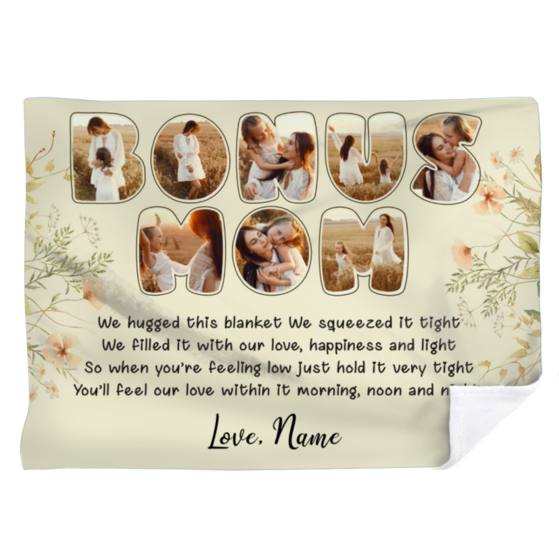 benicee shop custom photo blanket for bonus mom, mothers day gifts for bonus mom, personalized gifts for stepmom, meaningful gift for bonus mom