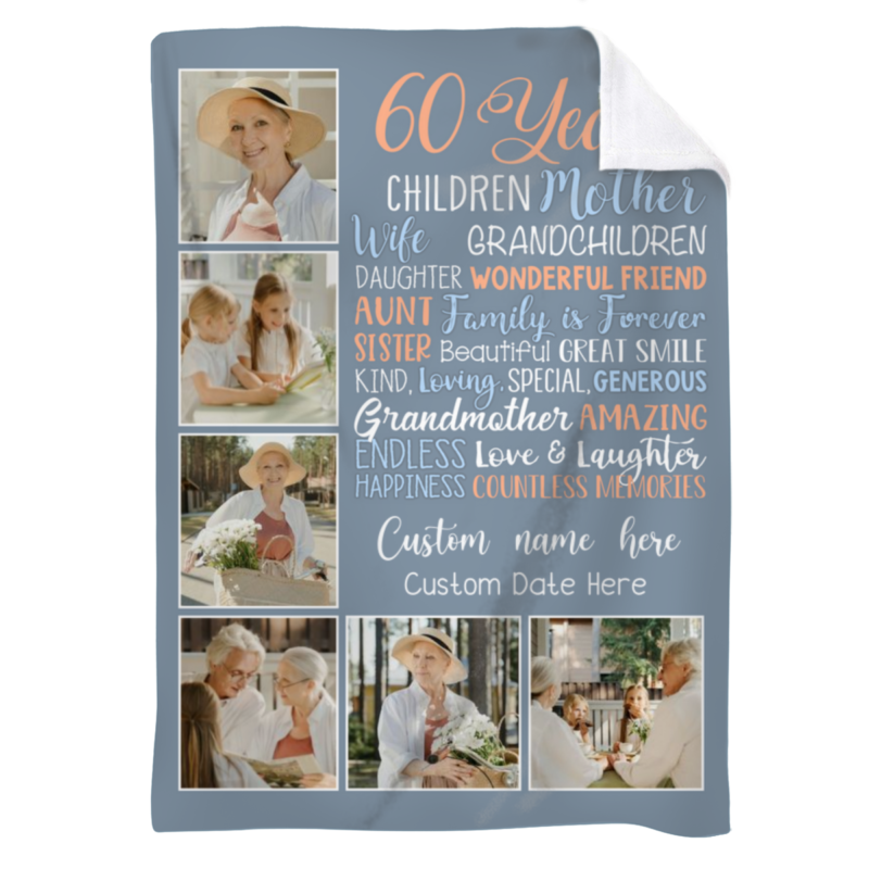 Custom 60th Birthday Photo Blanket, 60th Birthday Gifts For Mom, 60th Birthday Gifts for Women, Sixtieth Birthday Gift Ideas