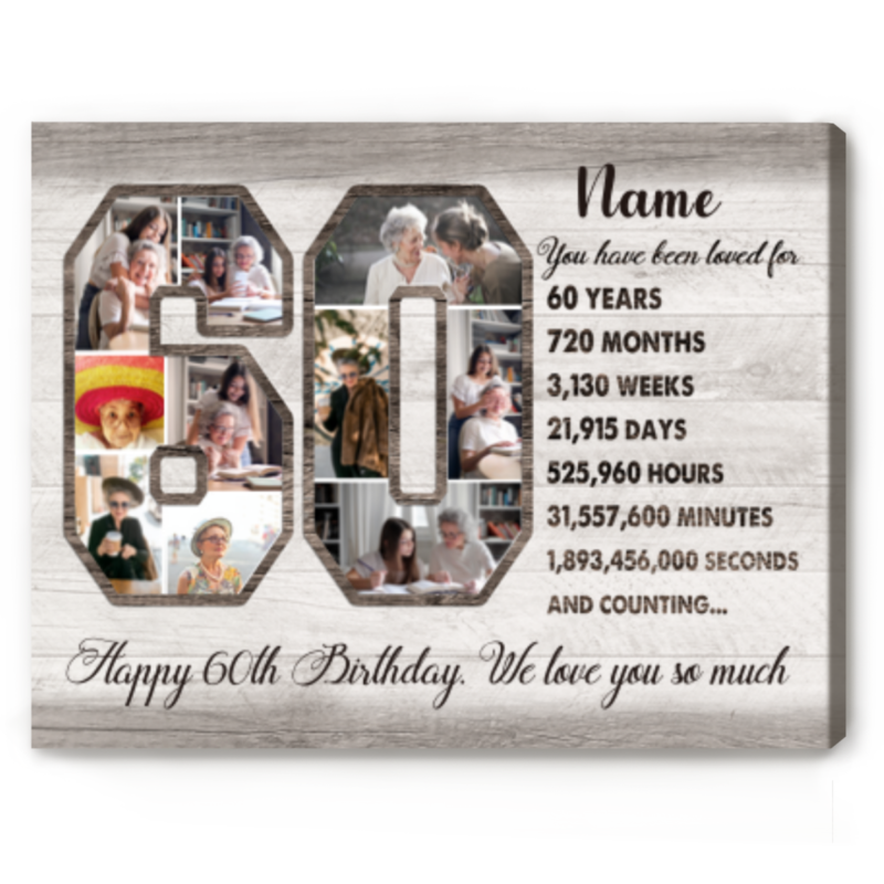 Custom 60th Birthday Gifts, Personalized 60th Photo Collage Canvas, Editable Number 60 Collage Birthday Gift, 1965 Year Birthday