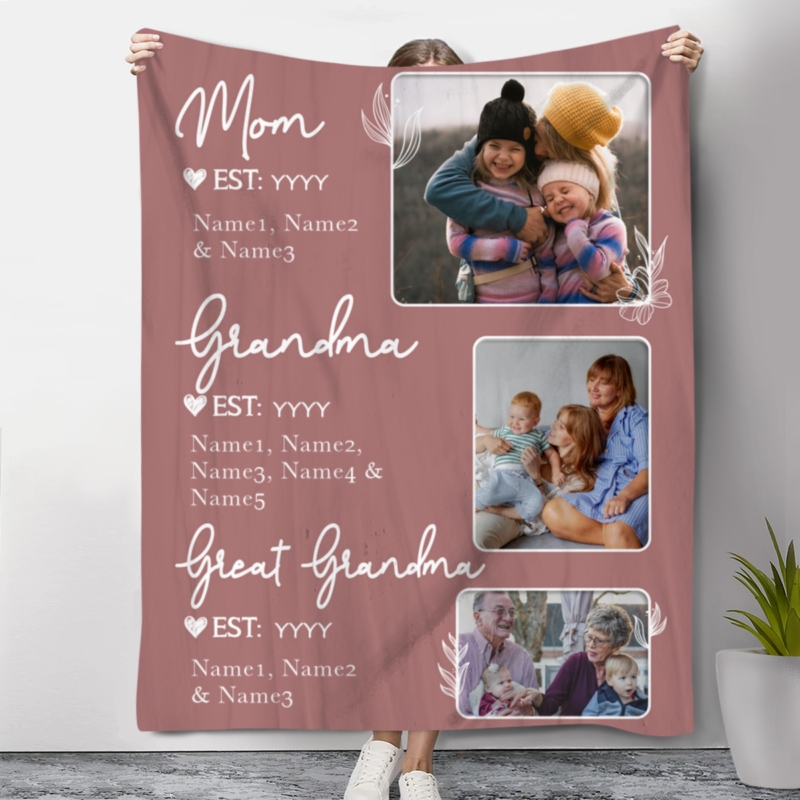 Mothers Day Gift For Great Grandma, Custom Great Grandma Blanket With Photo, Personalized Great Grandma Gifts With Grandkid Names