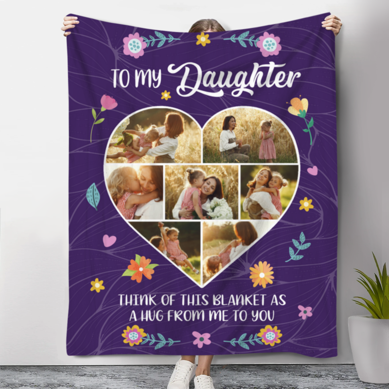 Daughter A Hug From Me To You Custom Photo Blanket, Gift For Daughter From Mom, Personalized Blanket Gift for Daughter