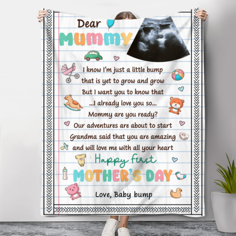 Mother To Be Mother's Day Gift, Mother's Day Gift From Bump, Personalized New Baby Ultrasound Photo Blanket, Mommy I Know I'm Just A Little Bump