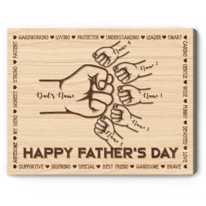 Custom Fist Bump Dad and Kids Canvas Sign, Personalized Dad and Children Names Print, Birthday & Christmas Gift for Dad from Kids