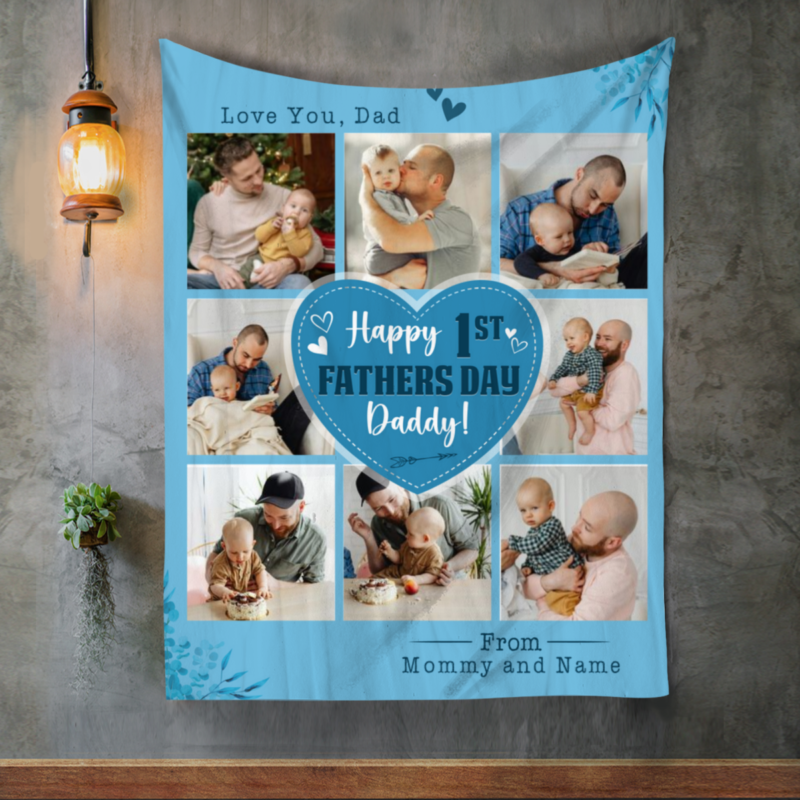 Happy 1st Fathers Day Personalized Photo Blanket, First Father's Day Gift From Baby, Daddy And Baby Gifts