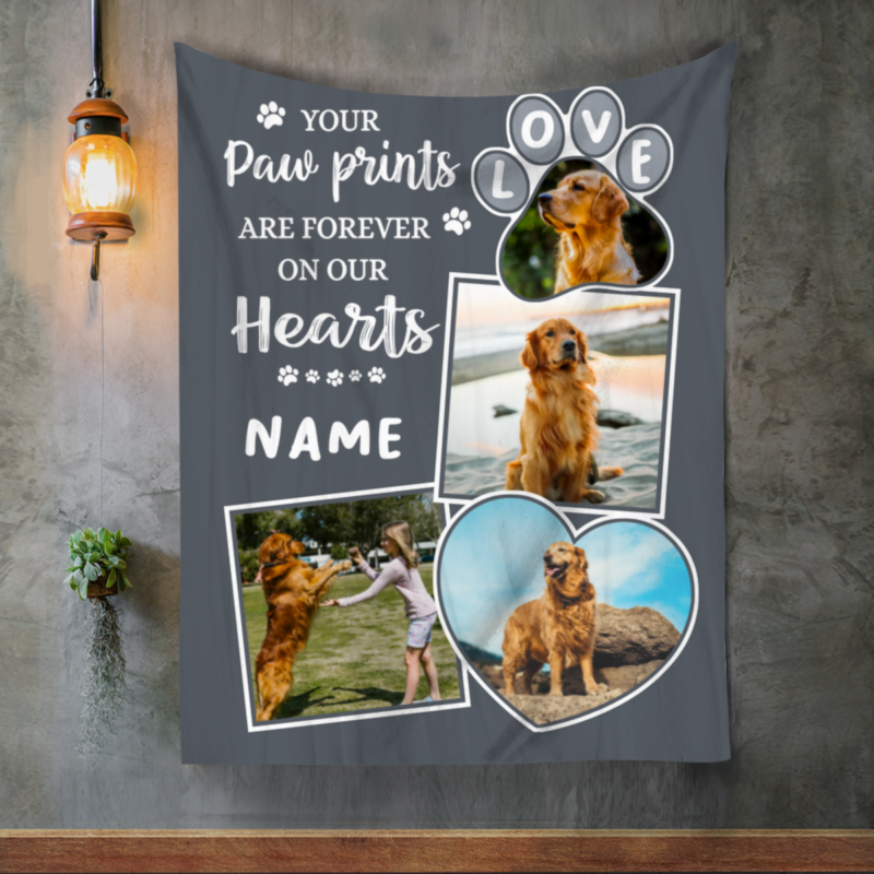 Your Paw Print Forever In Our Hearts Custom Photo Blanket, Pet Paw Photo Blanket, Dog Remembrance Gifts, Pet Bereavement Gifts