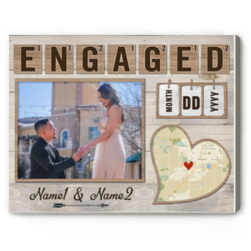 Custom Engagement Location Map With Picture Canvas, Gifts For Newly Engaged Friend Couple, Personalized Engaged Gift, Engaged Print