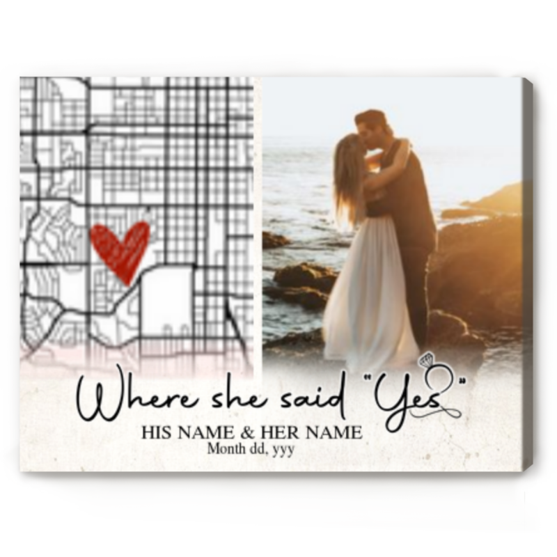 Personalized Engaged Gift, Where She Said Yes Custom Engagement Map Canvas, Engagement Gift for Couple, Unique Gift For Newly Engaged