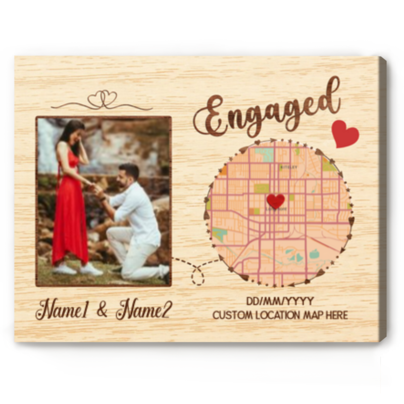 Personalized Engagement Location Map Canvas With Picture, Proposal Couple Gift, Custom Newly Engaged Gifts For Her Him