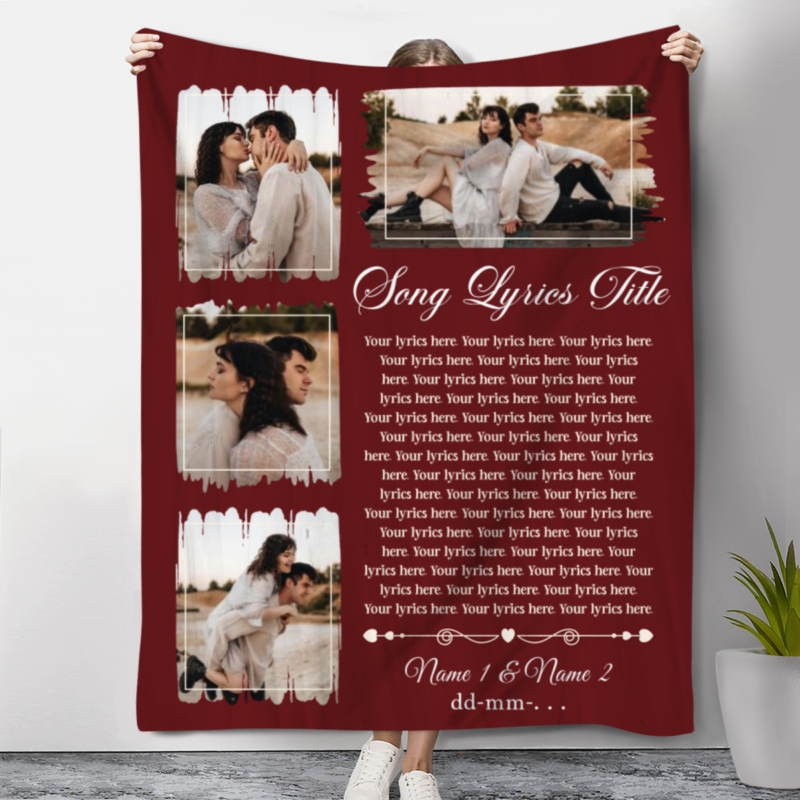 Personalized Photos And Song Lyrics Blanket, Song Lyrics Anniversary Gift, Custom Lyrics Blanket For Husband Wife, Valentines Day Gifts For Couple