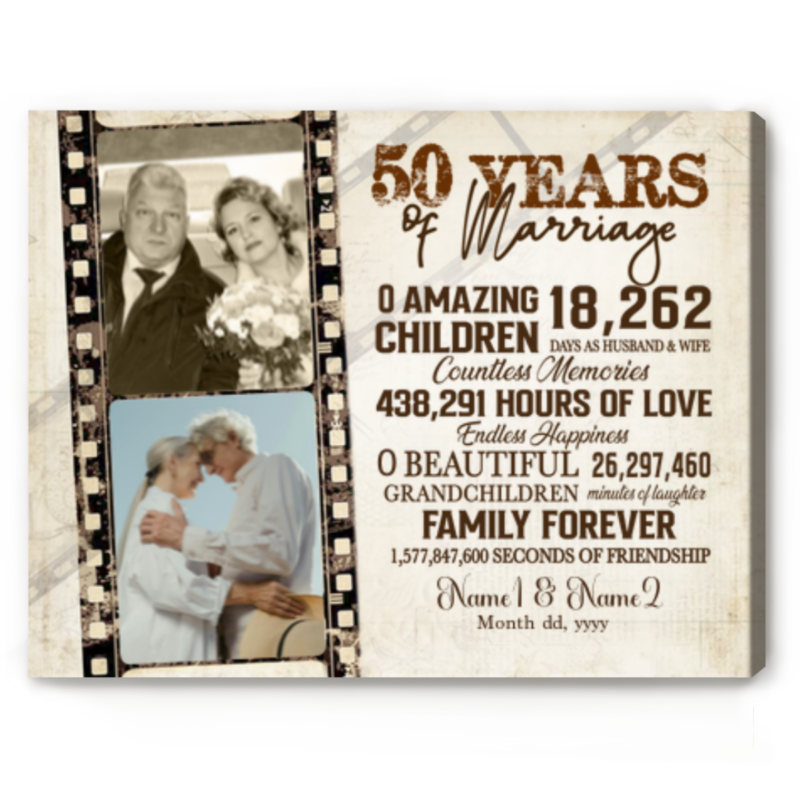 Custom 50 Years Of Marriage Photo Canvas, Personalized Gold Wedding Anniversary Gift, 50th Anniversary Gift For Parents