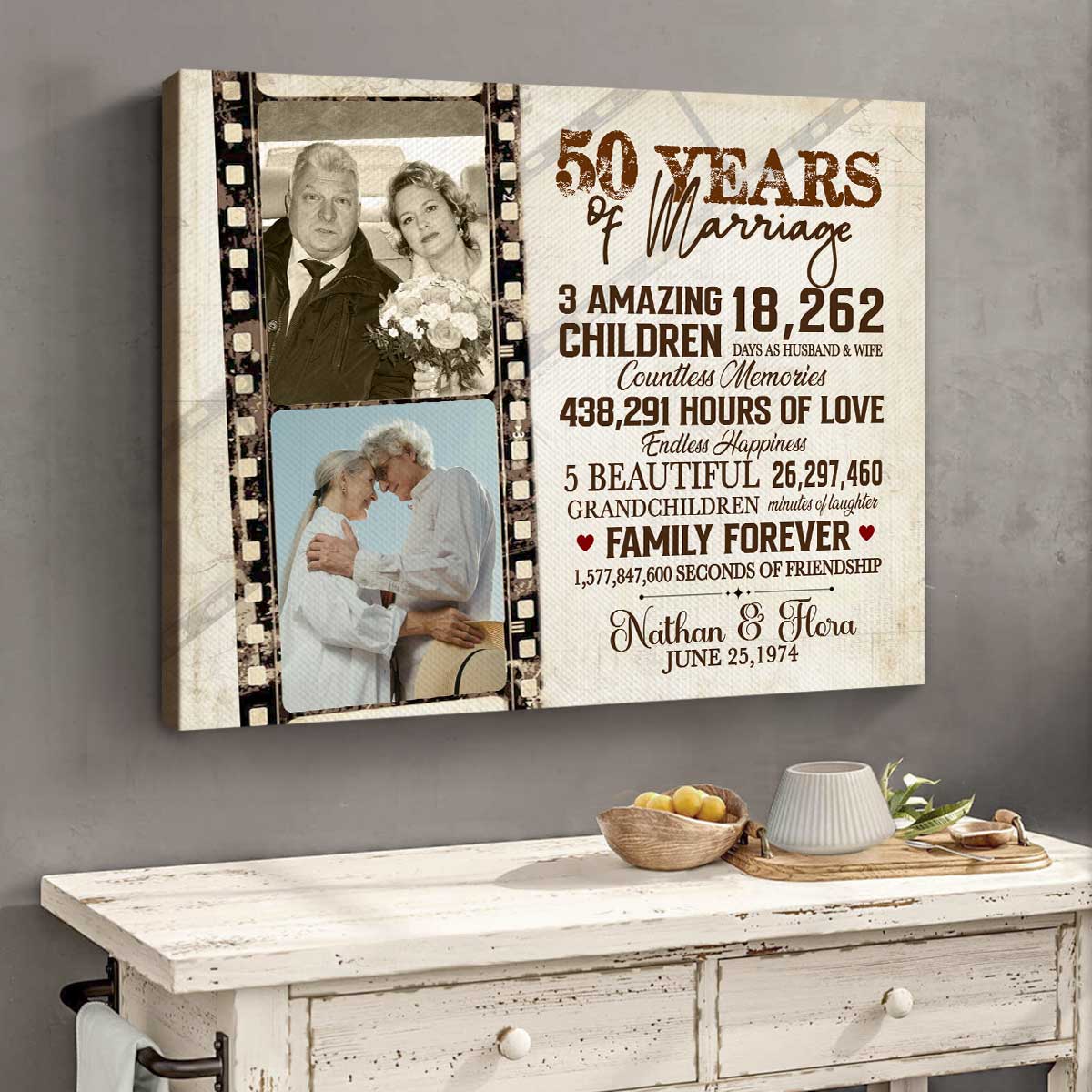 Custom 50 Years Of Marriage Photo Canvas, Personalized Gold