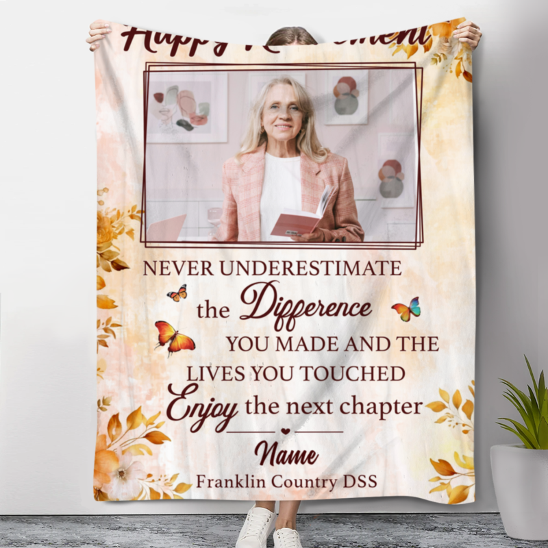 Happy Retirement Custom Picture Blanket, Retirement Gift For Women, A New Chapter Gift, Gift For Coworker Leaving, Retired Blanket