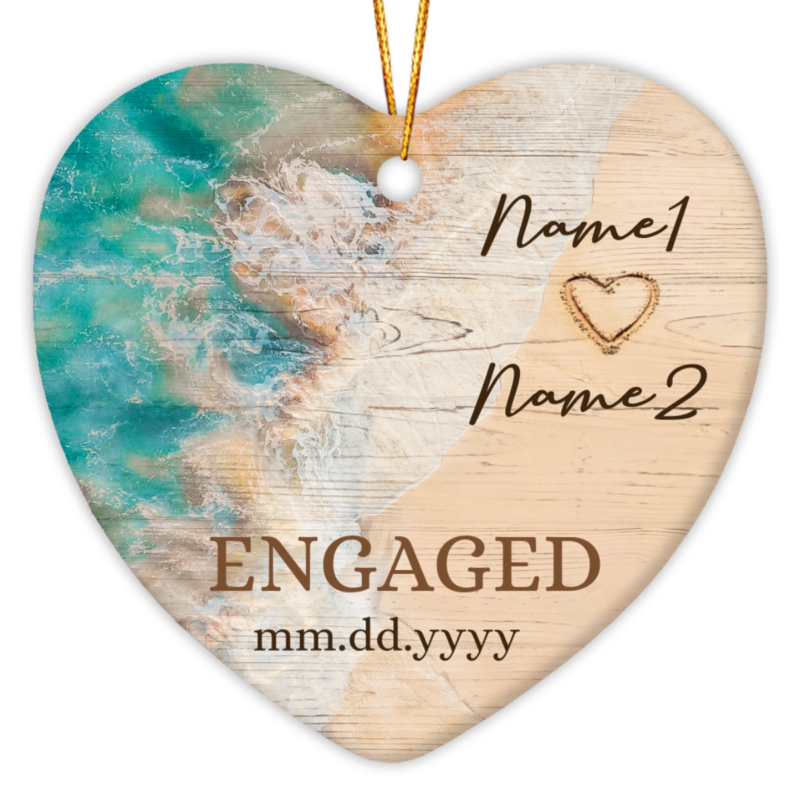 Custom Beach Engagement Ornament With Names, Just Engaged Keepsake For Couple, Engagement Gift For Beach Lover