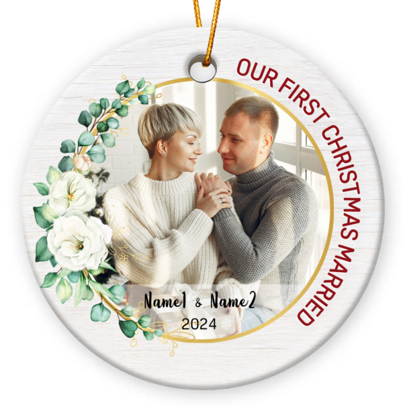 Our First Christmas Married Personalized Photo Ceramic Ornament, First Year Married Ornament, Custom Wedding Keepsake