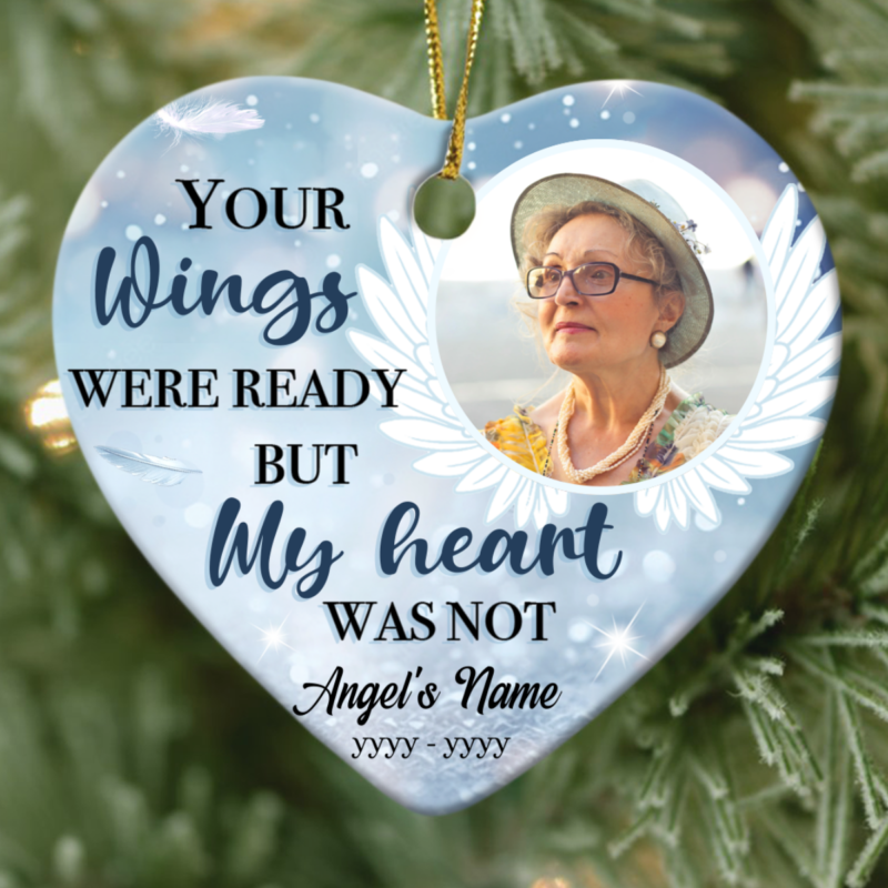 Your Wings Personalized Photo Heart-Shaped Ornament, Memorial Christmas Ornaments, Custom Memorial Gifts
