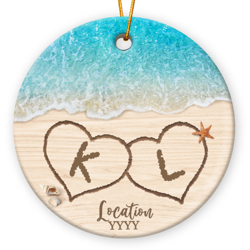 Personalized Beach Couples Initial Name Ceramic Ornament, Beach Wedding Keepsake Gift, Beach Couples Christmas Ornament, Honeymoon Gift