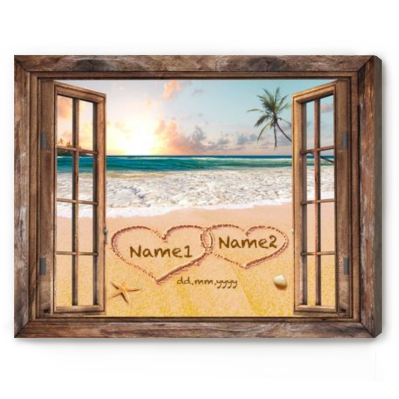 Personalized Couples Name And Date On Sand Canvas, Fake Window Beach Wall Art, Engagement Anniversary Valentines Gifts, Gift For Newly Engaged Couple