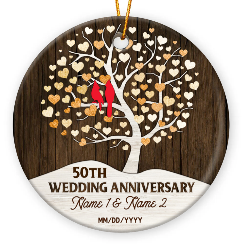 Custom 50th Wedding Anniversary Tree Ceramic Ornament, 50 Years Anniversary Ornament Gift For Parents, Golden Anniversary Keepsake Gift