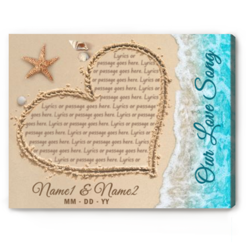 Personalized Heart Shape Song Lyrics In Sand Beach Canvas, Song Lyrics Wedding Anniversary Wall Art, Custom Romantic Valentines Gifts For Her Him