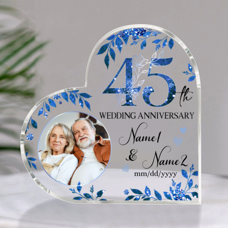 Personalized 45th Wedding Anniversary Heart Acrylic Plaque, 45 Years Wedding Gifts For Parents, Custom Sapphire Anniversary Keepsake